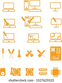 Outline icons of computer theme. orange icons of computer components, computer services (repair of computers, laptops, service center). vector image for web sites, web design, printing and advertising