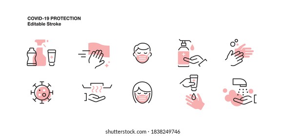 Outline Icons For Covid-19 / Coronavirus Prevention And Procedures. Hand Washing, Cleaning Products, Disinfectant, Hand Sanitizer And Wearing Mask. Editable Strokes.