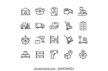 Outline icons depicting logistics, shipping, delivery, and warehousing processes.