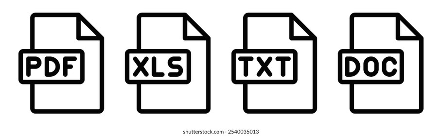 Contornar ícones de arquivos de documentos rotulados PDF, XLS, TXT e DOC. Ideal para conceitos de escritório, organização ou dados. Ilustração vetorial. Traçado editável.