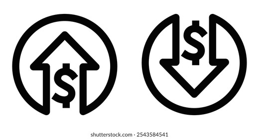 Outline icons of dollar symbol with up and down arrows. Editable stroke.