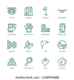 outline icons. Editable 16 outline icons. Included icons such as Firewall, Building, Hairdryer, Skateboard, Online store, Online shop, Placeholder. outline trendy icons for web.