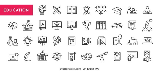 Outline icons of education, studying and science. Includes human brain, fields of study, graduation, school, university and knowledge. Designed for web, mobile, promo materials. Vector illustration.