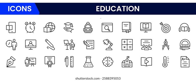 Outline icons of education, studying and science. Includes human brain, fields of study, graduation, school, university and knowledge. Designed for web, mobile, promo materials. Vector illustration.