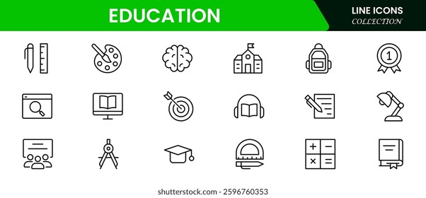 Outline icons of education, studying and science. Includes human brain, fields of study, graduation, school, university and knowledge. Designed for web, mobile, promo materials. Vector illustration.