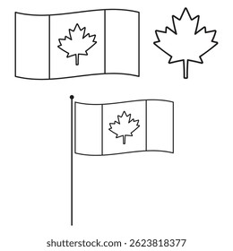 Outline icons. Elements for Canada day. Flag, maple leaf. Illustrations on white background.