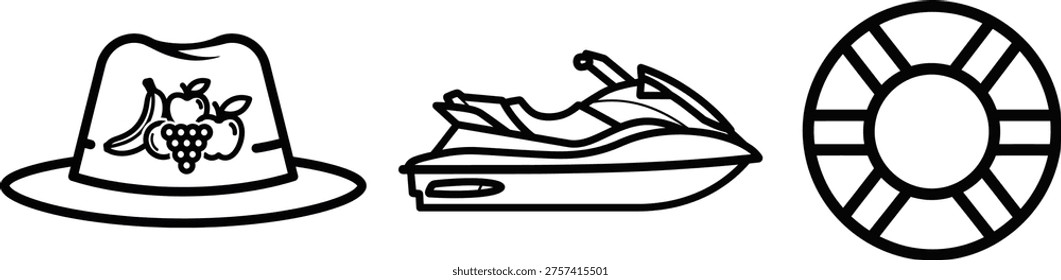 Outline icons: fedora hat with fruit, personal watercraft, and lifebuoy for various uses.