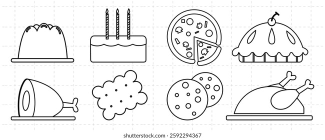 Outline icons of food: cake, pizza, pie, ham, cookies, chicken. Simple food illustrations. Perfect for menus, recipes, or food-related designs. Cute food vector illustration set.