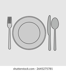 Outline icons of a fork, knife, and spoon. Cutlery set in black lines on a solid gray background. Ideal for restaurant, kitchen, or dining themes	