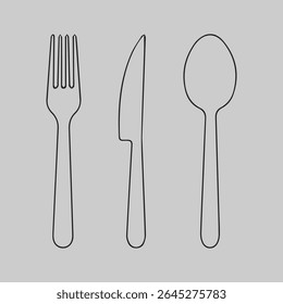Contornar ícones de um garfo, faca e colher. Talheres dispostos em linhas pretas em um fundo cinza sólido. Ideal para restaurante, cozinha ou temas de jantar	