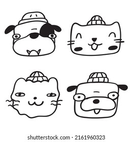 Outline icons. Happy faces of dogs and cats wearing winter hats. Vector illustrations on white background.