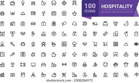 Outline icons of hospitality. Pixel perfect, minimalistic web and UI icon. Outline icons collection. Editable vector illustration.