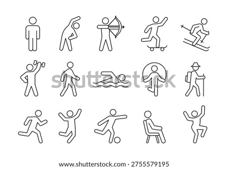 Outline icons of human figures performing daily activities and movements representing lifestyle, behavior, physical actions, and routine situations in simple visual form