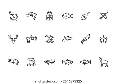 Outline icons of hunting fishing equipment including fish deer knives vest Bundle