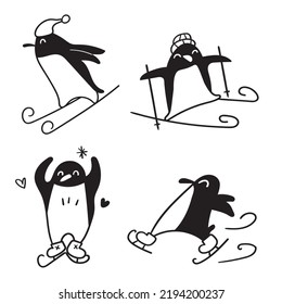 Outline icons. Ice skating and skiing penguins. Vector illustrations on white background. 