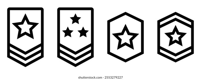 Outline icons of military badges with stars. Editable stroke.