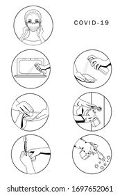 Outline icons on the theme of behavior during a virus outbreak. Disinfection and precautions. Vector illustration