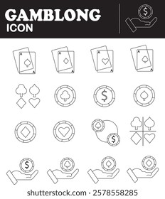 Outline icons of playing cards, poker chips, and hands holding coins, representing gambling themes. icons include spades, diamonds, hearts, and clubs, with focus on casino elements