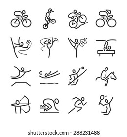 Outline icons,  popular sports. Included the icons as cycling, sprint, gymnastic, motorbike, volley ball, horse ridding and more.