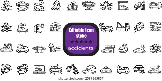  outline icons related to accidents. Linear icon collection. Editable stroke