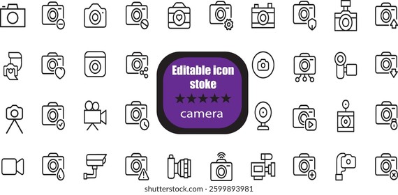 outline icons related to camera. Linear icon collection. Editable stroke