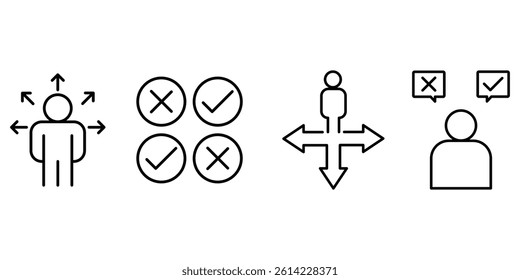 Outline icons related to choice. Linear icon collection. Editable stroke. Vector illustration.