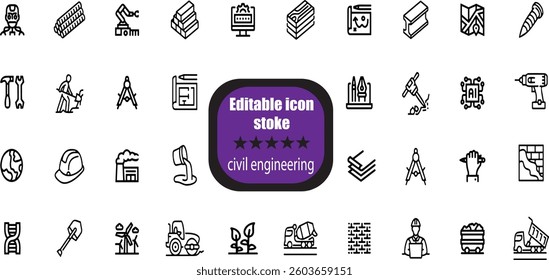 outline icons related to civil engineering. Linear icon collection. Editable stroke.