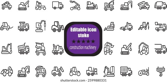 outline icons related to construction machinery. Linear icon collection. Editable stroke.