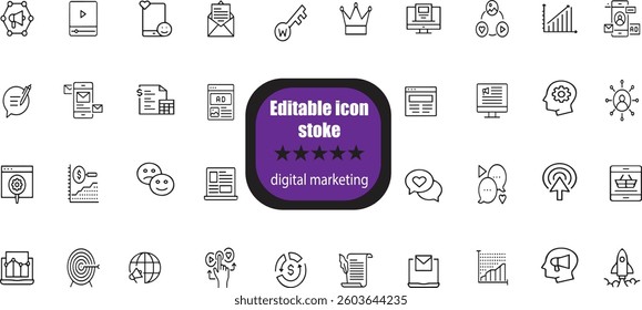  outline icons related to digital marketing. Linear icon collection. Editable stroke