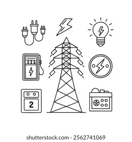  outline icons related to electricity. Linear icon collection. Editable stroke. Vector illustration