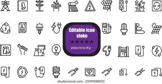  outline icons related to electricity. Linear icon collection. Editable stroke