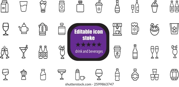 outline icons related to food and drink. Linear icon collection. Editable stroke. 