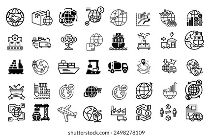 Outline icons related to international trading. A collection of linear icons with editable strokes. Vector illustration.