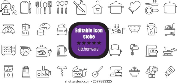 outline icons related to kitchenware. Linear icon collection. Editable stroke