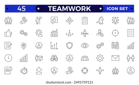 Outline icons related to management, administration, supervision, leadership, business, governance. Linear icon collection. Teamwork icon collection.
