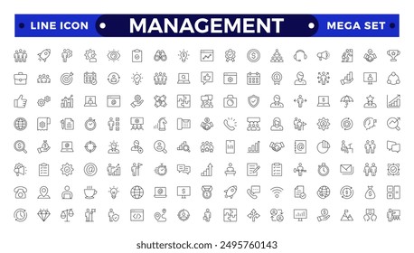 Outline icons related to management, administration, supervision, leadership, business, governance. Linear icon collection. Management icon collection.
