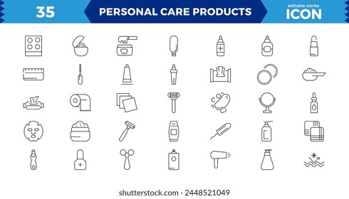 outline icons related to personal care products. Linear icon collection,Skin care line icons set. Moisture cream, acid, anti wrinkle serum.
