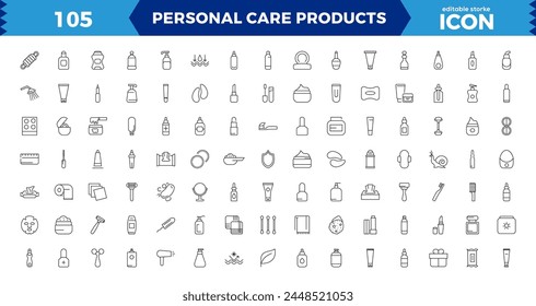 outline icons related to personal care products. Linear icon collection,Skin care line icons set. Moisture cream, acid, anti wrinkle serum.
