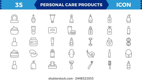 outline icons related to personal care products. Linear icon collection,Skin care line icons set. Moisture cream, acid, anti wrinkle serum.

