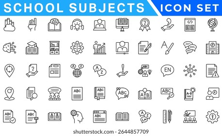  Outline icons related to school subjects. Linear icon collection. Editable stroke. Vector illustration
