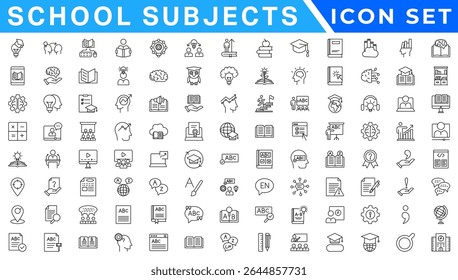  Outline icons related to school subjects. Linear icon collection. Editable stroke. Vector illustration