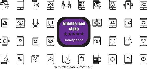 outline icons related to smartphone. Linear icon collection. Editable stroke