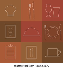 Outline icons for restaurant. Chef hat, cup, plate, fork and knife, menu list, wine glass, tray with lid.