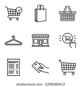 Outline icons for retail, grocery, restaurant food delivery concept. E-commerce. Vector illustration isolated on white background. 