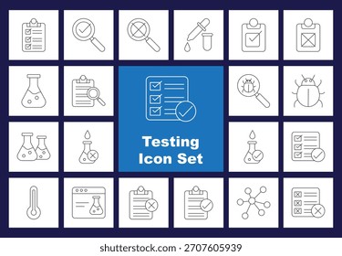 Esquema de iconos para pruebas científicas y de software, garantía de calidad, investigación y análisis. Contiene equipos de laboratorio, listas de verificación, lupa y gráficos de errores.