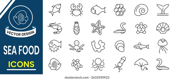Outline icons of Sea Food symbol collection. Sea Food icon vector design.  Sea creatures and ocean vector icons such as Oyster, Squid, Crab and more. Vector illustration.