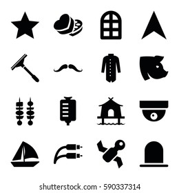 outline icons set. Set of 16 outline filled icons such as pig, siren, window, mustache, window squeegee, jacket, sailboat, drop counter, navigation arrow, sweet box