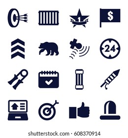 Outline icons set. set of 16 outline filled icons such as bear, calendar, siren, satellite, fireworks, real estate on laptop, radiator, 1st place star, arrow, 24 hour, target