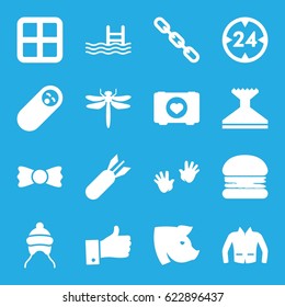Outline icons set. set of 16 outline filled icons such as dragonfly, pig, window, baby cap, baby hands, window squeegee, jacket, bow tie, case with heart, pool, chain