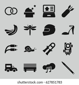 Outline icons set. set of 16 outline filled icons such as banana, dragonfly, snail, level equipment, heel sandals, rings, musical pipe, music cloud, earphone wire